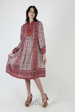 Vintage 70s Inde Block Print Robe Indien Or Floral Gauze Folk Festival Mini