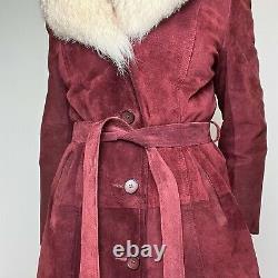 Vintage 70s Véritable Suede Trench Manteau Avec Collier De Fourrure Fox