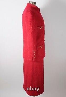 Vintage 80s Sz 36 / 4 Chanel Boutique Costume Rouge Tweed Veste Boutons MIDI Jupe