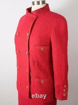 Vintage 80s Sz 36 / 4 Chanel Boutique Costume Rouge Tweed Veste Boutons MIDI Jupe