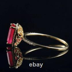 Vintage Art Déco Natural Diamond Red Ruby Engagement Women Ring 14k Or Jaune