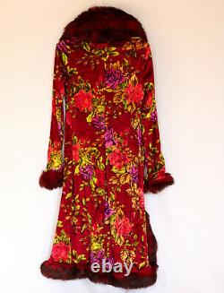 Vintage Betsey Johnson Velvet Faux Fur Duster Coat Rouge Rose Pattern