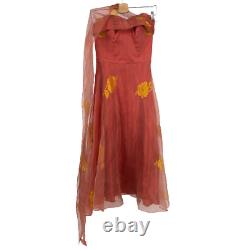 Vintage Betty Higgins Waikiki Robe Femme A-line Gown Floral Mesh Rouge Petit S