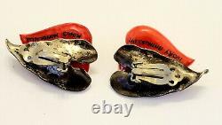 Vintage Bovine Bone Rouge Anthurium Pendentif Sterling Matching Clip Sur Les Boucles D'oreilles