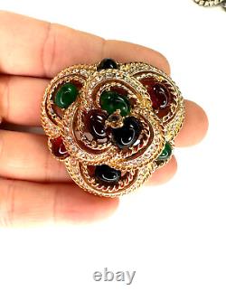 Vintage Brooch Green Cabochon Moghul Style Pave Rouge Layered Heavy Unsigned Ciner