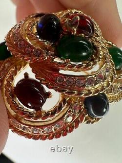 Vintage Brooch Green Cabochon Moghul Style Pave Rouge Layered Heavy Unsigned Ciner