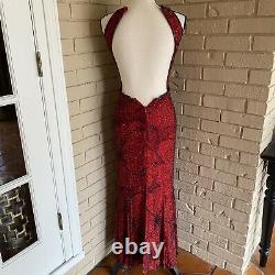 Vintage Cache Robe De Soirée Rouge Maxi Gown 100% Soie Perlé Prom Pageant Petit