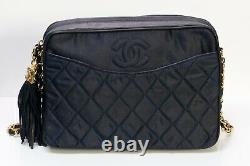 Vintage Chanel CC Navy Blue Nylon Quilted Leather Crossbody Sac