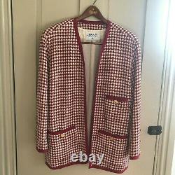 Vintage Chanel Red/cream Houndstooth Wool Cardigan Sweater Jacket Taille 42