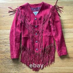 Vintage Des Années 1990 Cripple Creek Red Fringe Leather Jacket Coat Vtg Boho Western