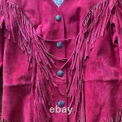 Vintage Des Années 1990 Cripple Creek Red Fringe Leather Jacket Coat Vtg Boho Western