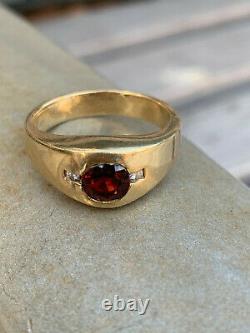 Vintage Designer 14k Yellow Gold Red Garnet Diamonds Gypsy Ring Heavy Men Femme