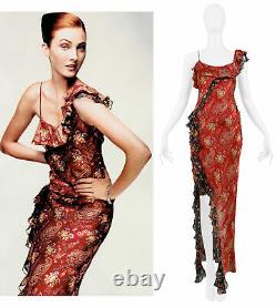 Vintage Dior Par Galliano Red Paisley Ruffle One Shoulder Dress 2002
