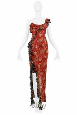 Vintage Dior Par Galliano Red Paisley Ruffle One Shoulder Dress 2002