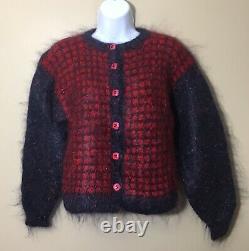 Vintage Femmes Petit Bleu Fait Main Et Rouge Mohair Sweater Bouton Avant S Poilu