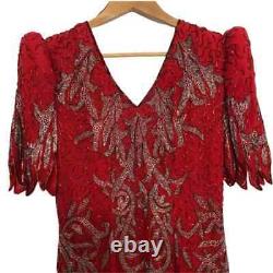 Vintage Grace Originals Femmes Rouge Entièrement Perlé 100% Pure Soie Robe Gown Taille L