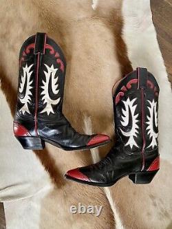 Vintage Justin Western Bottes Noir Rouge & Blanc Inlay Femmes 6 B (us)
