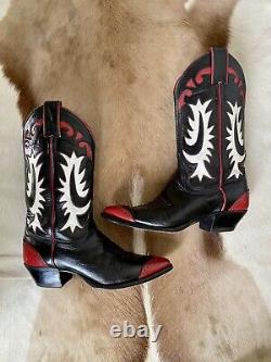Vintage Justin Western Bottes Noir Rouge & Blanc Inlay Femmes 6 B (us)
