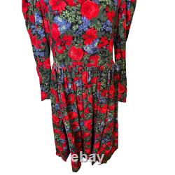 Vintage Laura Ashley Femmes Robe Rouge Floral Corduroy Square Col Manches Longues 8