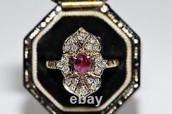 Vintage Original Or 14k Diamant Naturel Et Cabochon Ruby Anneau De Navette