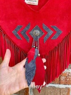 Vintage Red Suede Fringe Bib Poncho Collar Avec Plumes Suede