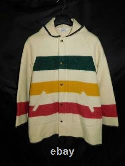 Vintage Woolrich S Cream White Hudson Bay Stripe Coat Hood Wool USA Jaune Rouge