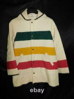 Vintage Woolrich S Cream White Hudson Bay Stripe Coat Hood Wool USA Jaune Rouge