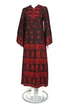 Vtg 70's Indian Brown Red Paisley Floral Avant Tie Bell Manche Maxi Robe /842