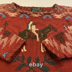Vtg 90s Sz Grand Ralph Lauren Polo Country Hand Tricot Native Pony Aztec Sweater