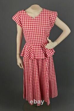 Vtg Femme 40s Robe De Coton Gingham Rouge W Peplum Sz Xs 1940s