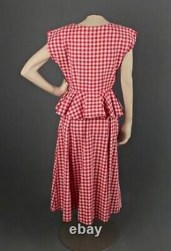 Vtg Femme 40s Robe De Coton Gingham Rouge W Peplum Sz Xs 1940s