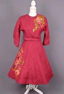 Vtg Femme 50s Robe Red Burlap W Rose Applique Sz S 1950s