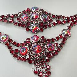 Vtg Ruby Rouge Verre Strass Bracelet Choker Clip Earring Demi Qualité