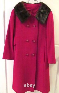 Vtg Stevens Hockanum Dbl Breasted Long Red Wool Boucle Coat Mink Collar S/m