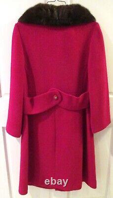 Vtg Stevens Hockanum Dbl Breasted Long Red Wool Boucle Coat Mink Collar S/m