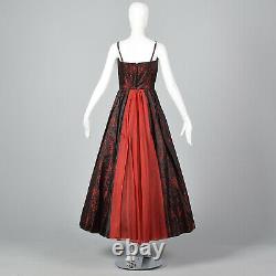 Xs 1950 Robe Rouge Et Noir Brocade Robe De Fête Cocktail Party Outfit 50s Vtg