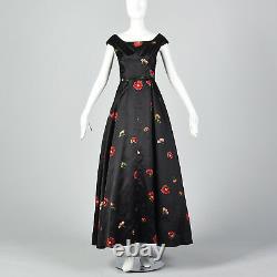 Xs 1950s Hattie Carnegie Noir Floral Gown Vtg Rouge Fleurs Flocked Robe De Fête